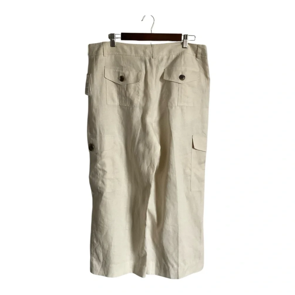 Anne Klein Cream Linen Wide‎ Leg Crop Cargo Pants Women 12